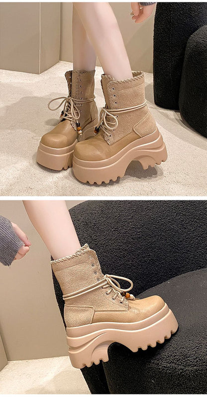 High Platform Women Motorcycle Boots 9CM Wedge Heels Walking Ankle Shoes New 2025 Autumn Winter Lace-up Modern Short Booties