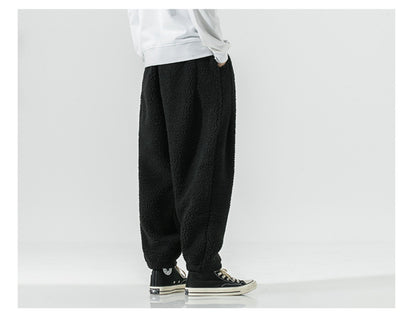 Winter Men's Lamb Wool Casual Pants Fleece Warm Elastic Waist Sweatpants Solid Thick Harem Pants Male Vintage Joggers Trousers