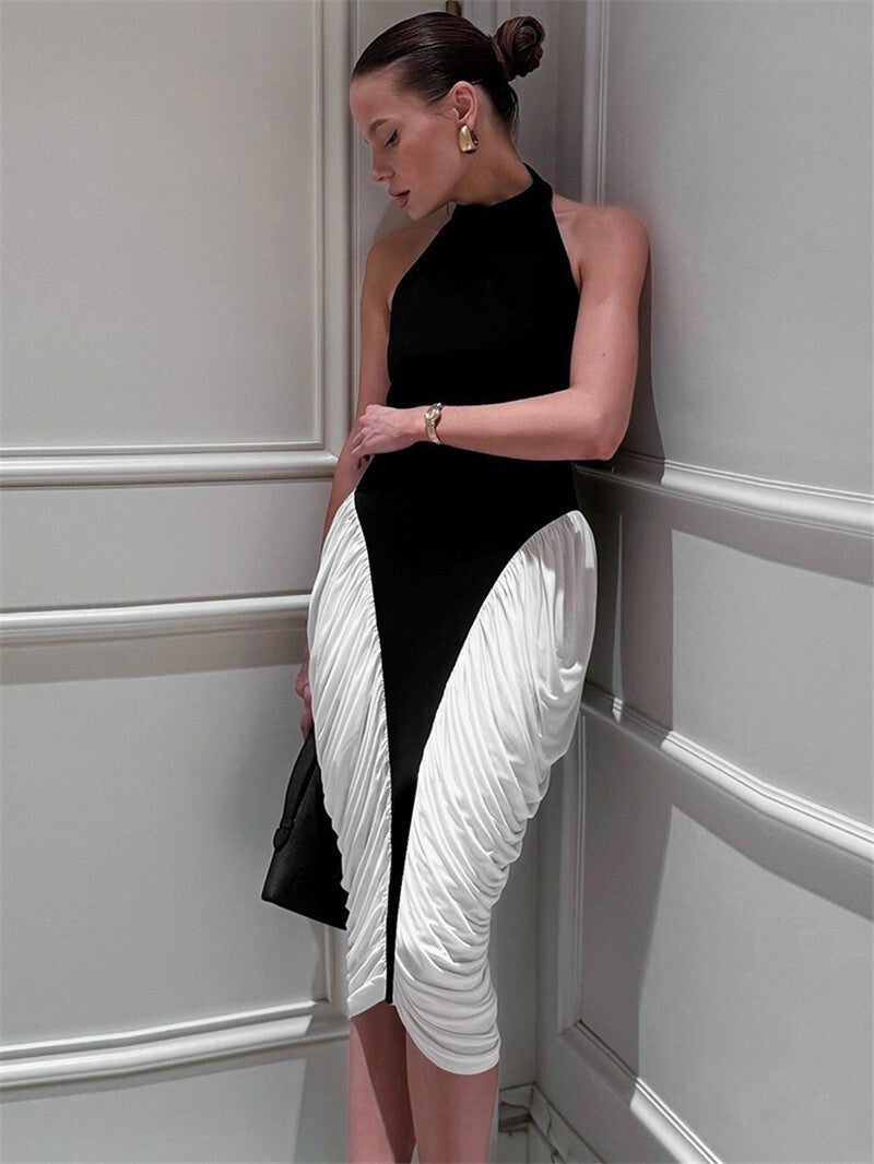 Mozision Patchwork Halter Backless Sexy Midi Dress Women Gown Elegant Fashion Co