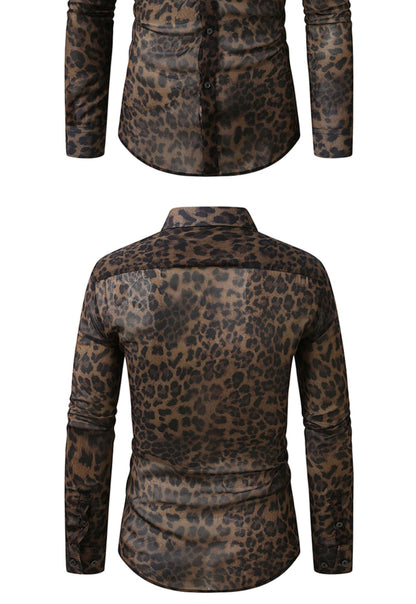 QJ CINGA Brand Men Leopard Print Long-sleeved Shirt, White Single-breasted Button-down Collar Printed Shirts, Asian Size M-6XL