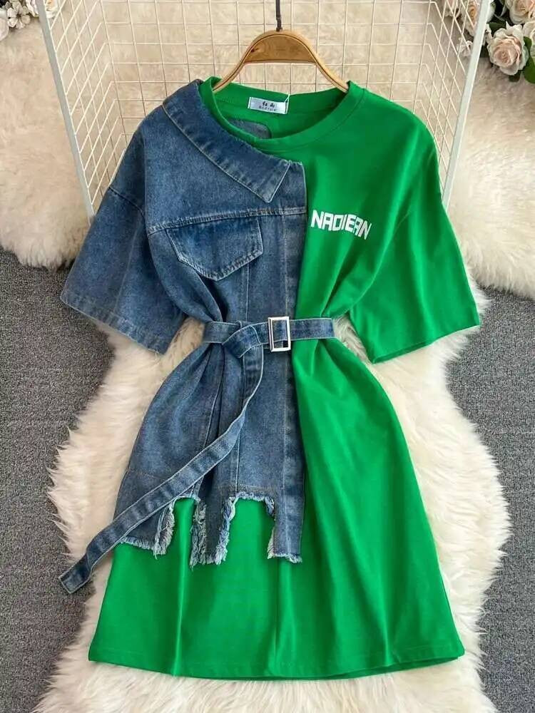 XFPV Women's Sweet high Waist Wrap Belt Round Neck patchwork Denim Shirt  Chic Top Y2k Korean Fashion Spring Summer 2025 SM11327