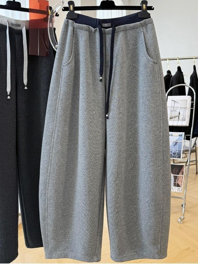 Patchwork Drawstring High Waist Wide Leg Pants for Women Spring and Autumn  Curved Hem Trousers