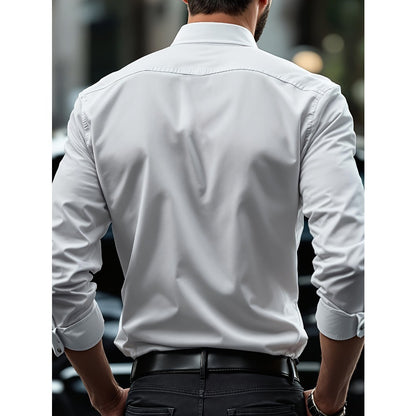 FGKKS Men Casual White Shirt Brand Fashion Solid Color Long Sleeve Elastic Fabric Male Business Dress Shirt