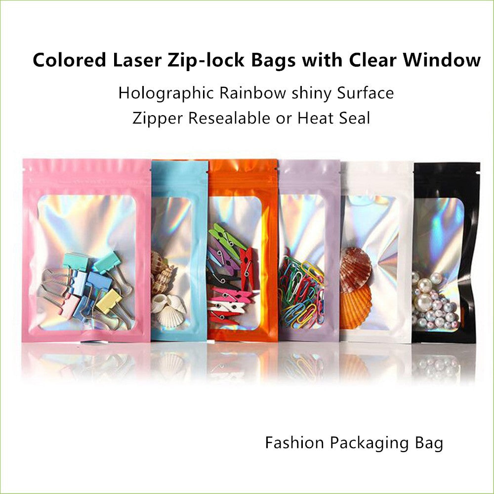 100pcs One Side Clear Laser Shiny Aluminum Foil Zip Lock Bags  Reflective Holographic Self-sealing Pouch for Fashion Accessories