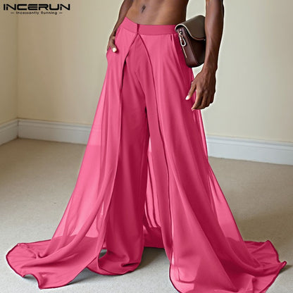 INCERUN Men's Pants Patchwork Elastic Waist Loose Casual Long Trousers Men Streetwear 2025 Fashion Male Irregular Pants S-5XL