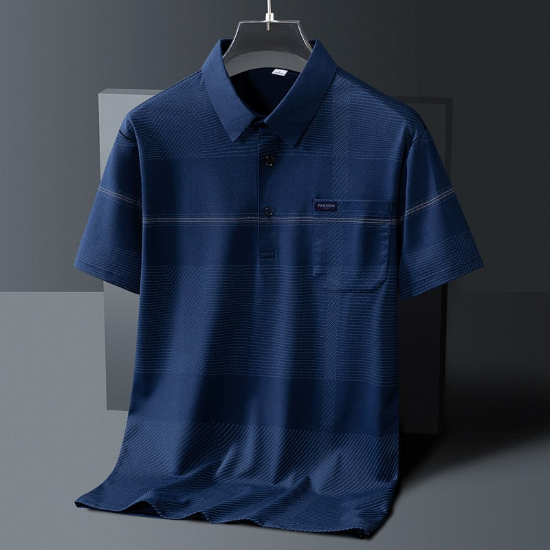 Men's Short Sleeve Button Summer Pullover Striped Pockets T-shirt England Style Casual Formal Turn-down Collar Vacation Tops