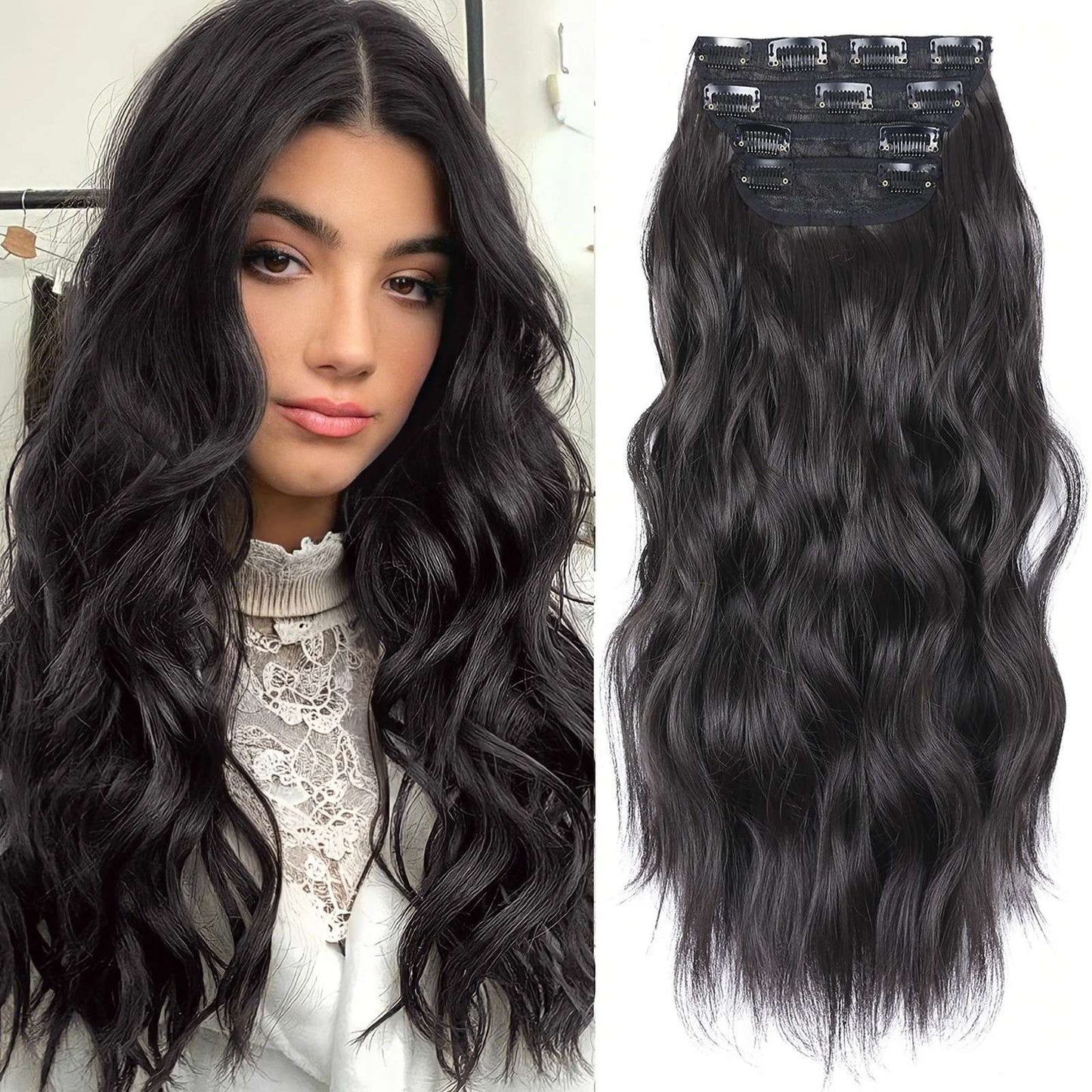 Kit 4 Peças Aplique Tic Tac Cabelo Sintético 20 Polegadas Cacheado Longo Grosso Para Mulheres Cabeça Inteira extensões de cabelo sintéticas