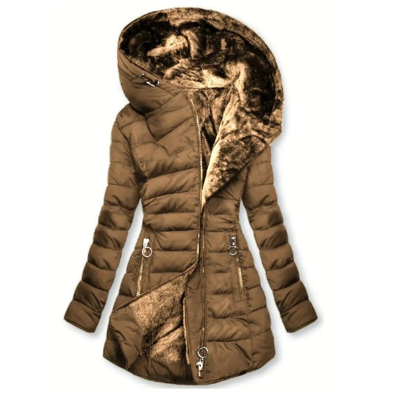 Long Sleeve Coat Solid Women's Winter Jacket with Plush Lining Hooded Outerwear Warm Windproof Down Coat for Cold Weather
