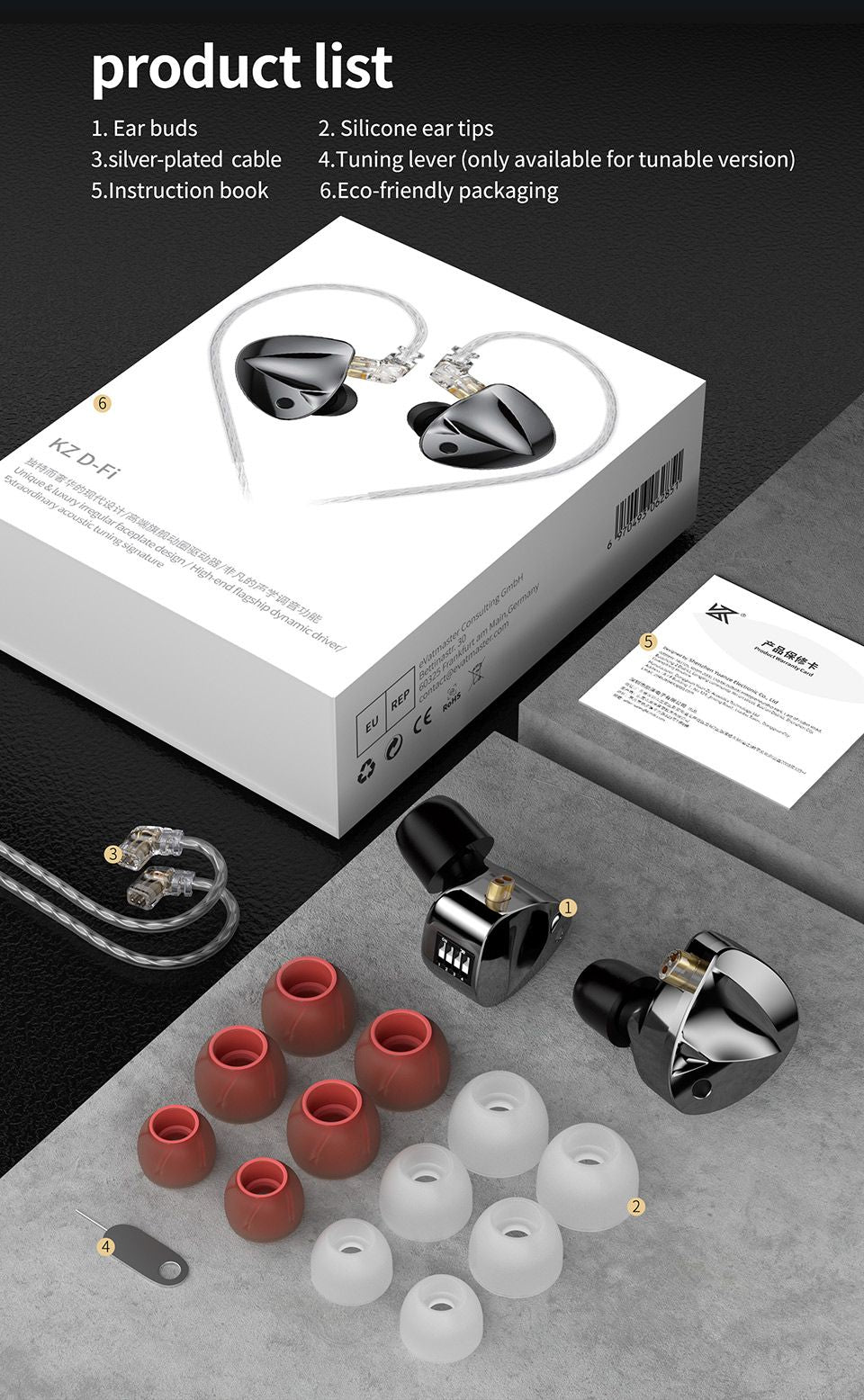 Fones de ouvido KZ D-Fi Fones de ouvido HIFI Bass Monitor 4 Níveis Chave de Afinação Fone de Ouvido Esportivo Estéreo com Redução de Ruído