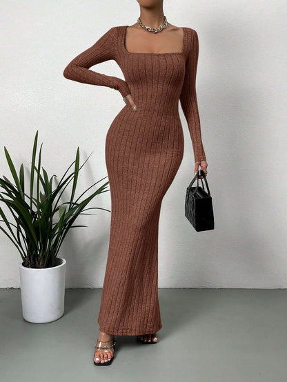 Women's Sexy Square Neck Mid-Length Knitted Dress Slim Fit Retro Long-Sleeved Wrap Hip Robe for Fall