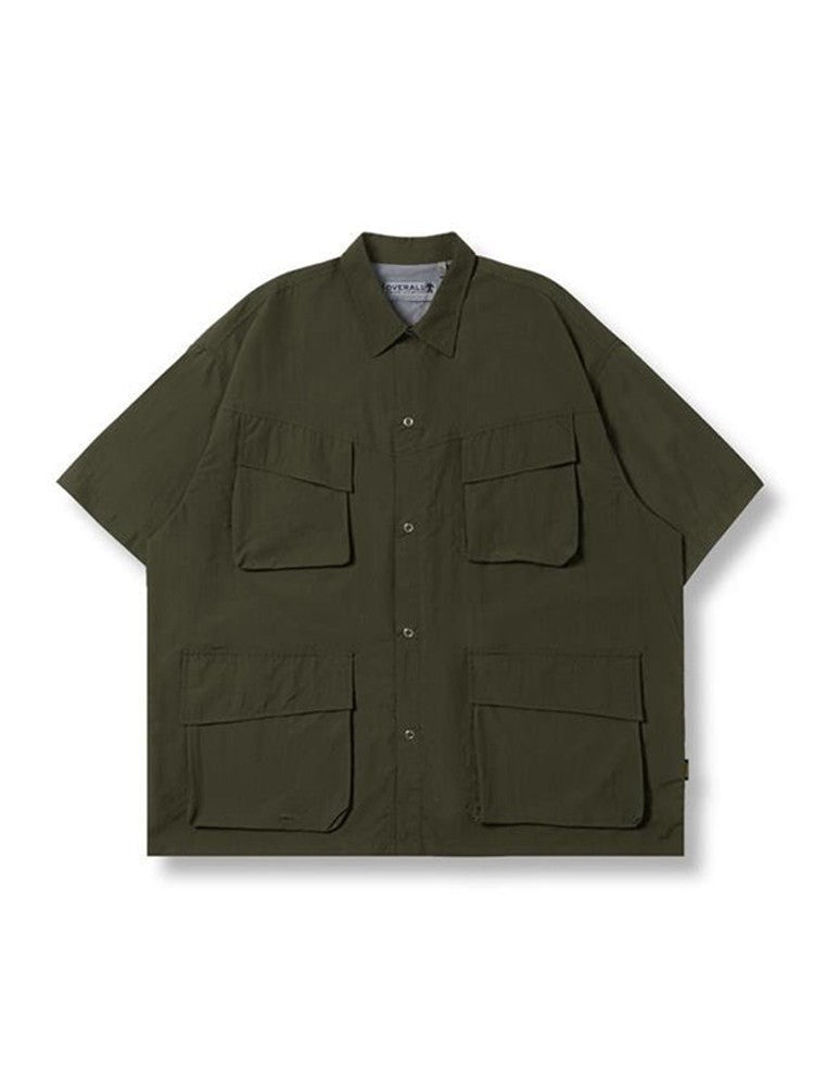 Gmiixder Multi Pocket Lapel Shirt Loose Workwear Short Sleeve Button Blouse Men Women Vintage CityBoy Japan Premium Cargo Shirt