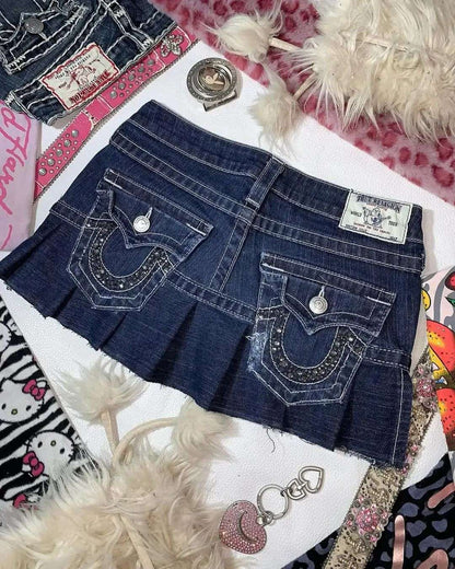 Gothic High Waisted Retro Y2k Skirt Letter Embroidery Patchwork Zipper Denim Ple
