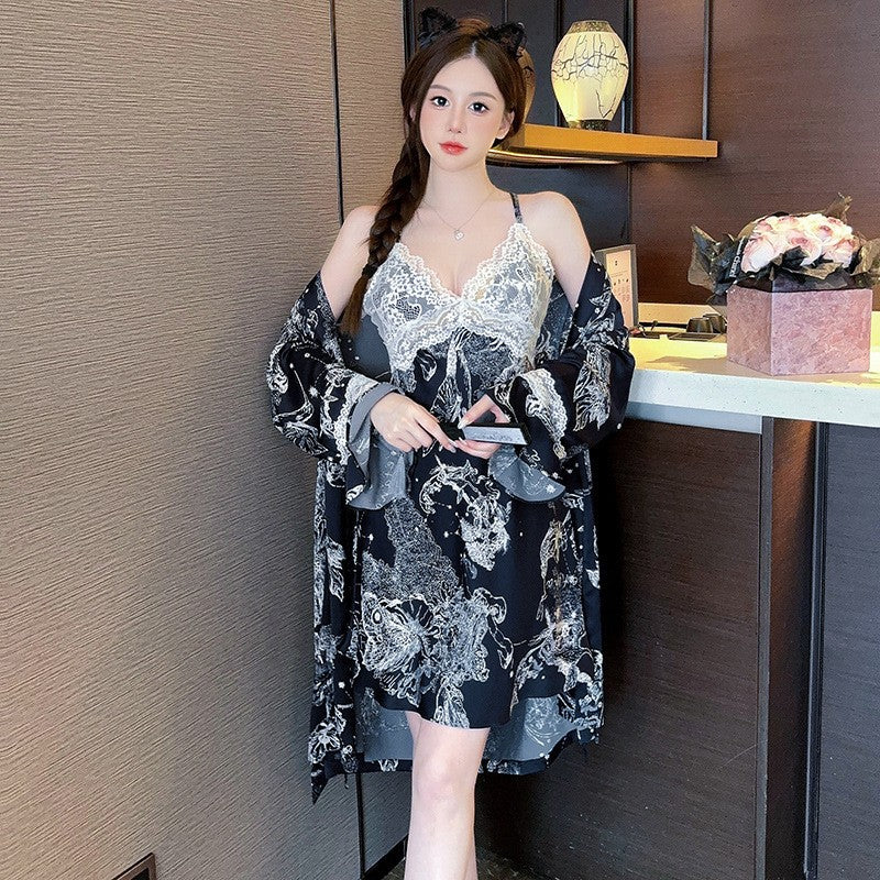 Sexy Nightwear for Women: Premium Ice Silk Strapless Camisole Nightgown Set Pure Desire Nightdress Homewear