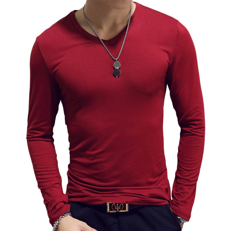 White Solid Color Basic Slim Men T-shirt Spring Autumn Bottoming Shirt Men Round Neck V-neck Casual Tops Long-sleeve Shirts