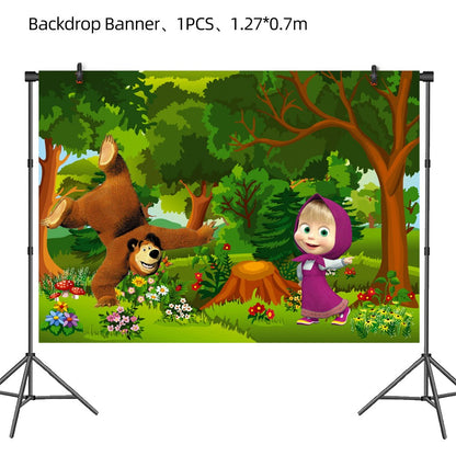 Masha and The Bear Theme Birthday Party Supplies Girls Masha Tableware Set Balloons Plates Cups for Kids Party Baby Shower Decor