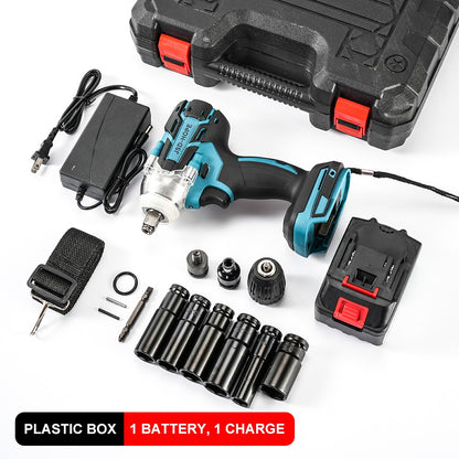 Chave de impacto elétrica sem escovas com carregador de lítio, ferramenta de reparo automotivo manual de alto torque, com soquetes, tipo pistola de impacto.
