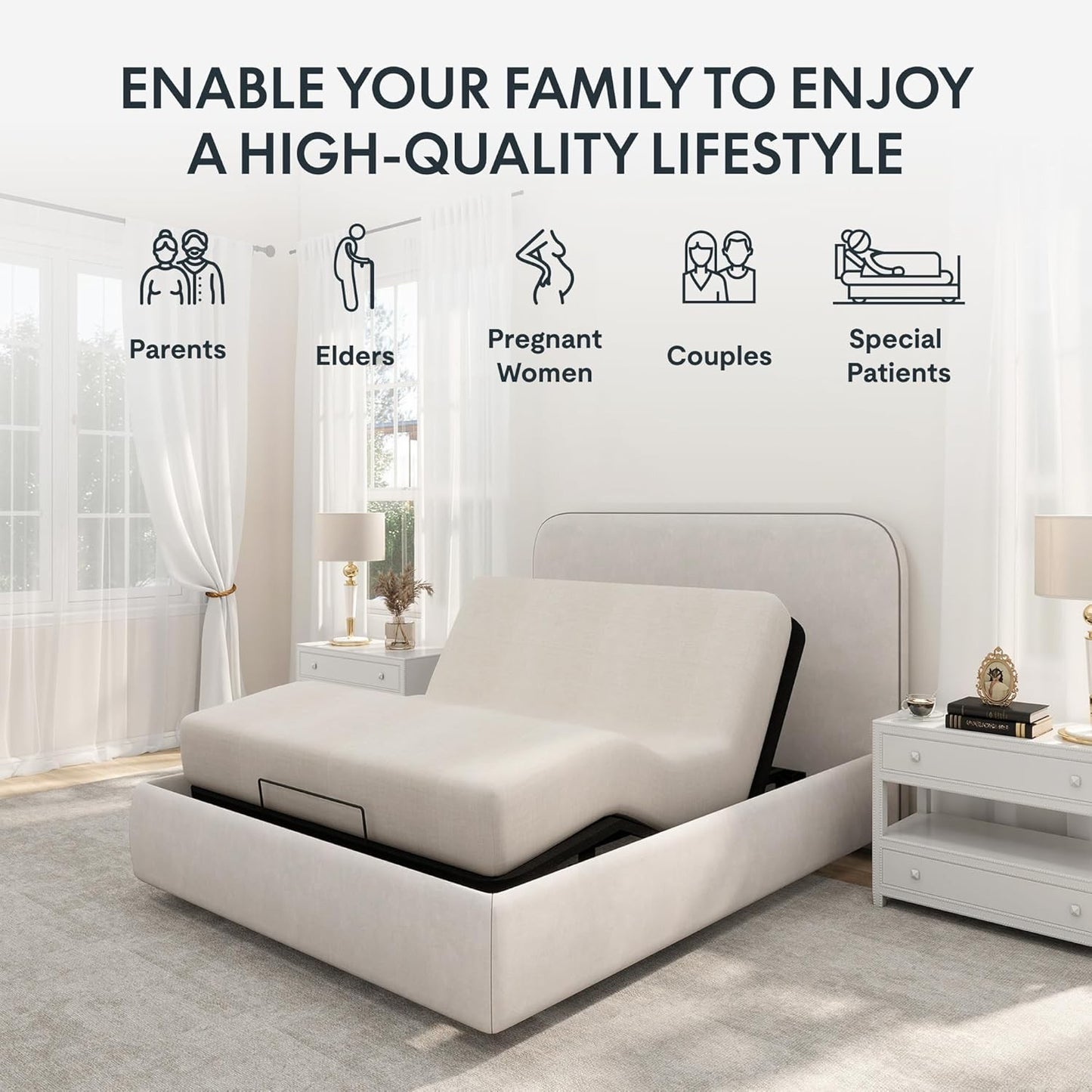 Base de Estrutura Ajustável para Cama Twin XL, Design Segmentado, Fácil Montagem, Cobertura de Tecido Oxford, Controle Remoto com Fio, Durabilidade Ultrassilenciosa