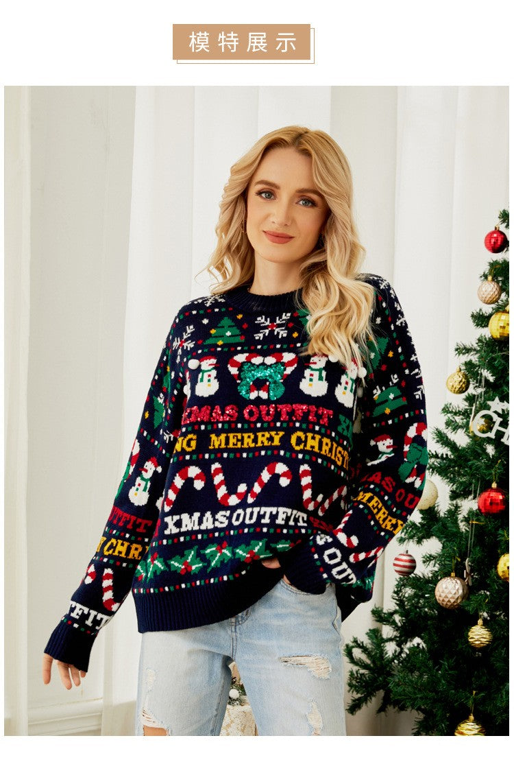 Fairyshely 2026 Winter Christmas Loose Knitted Sweater Women Casual Print Pullover Autumn Lady Casual O Neck Long Sleeve Jumper