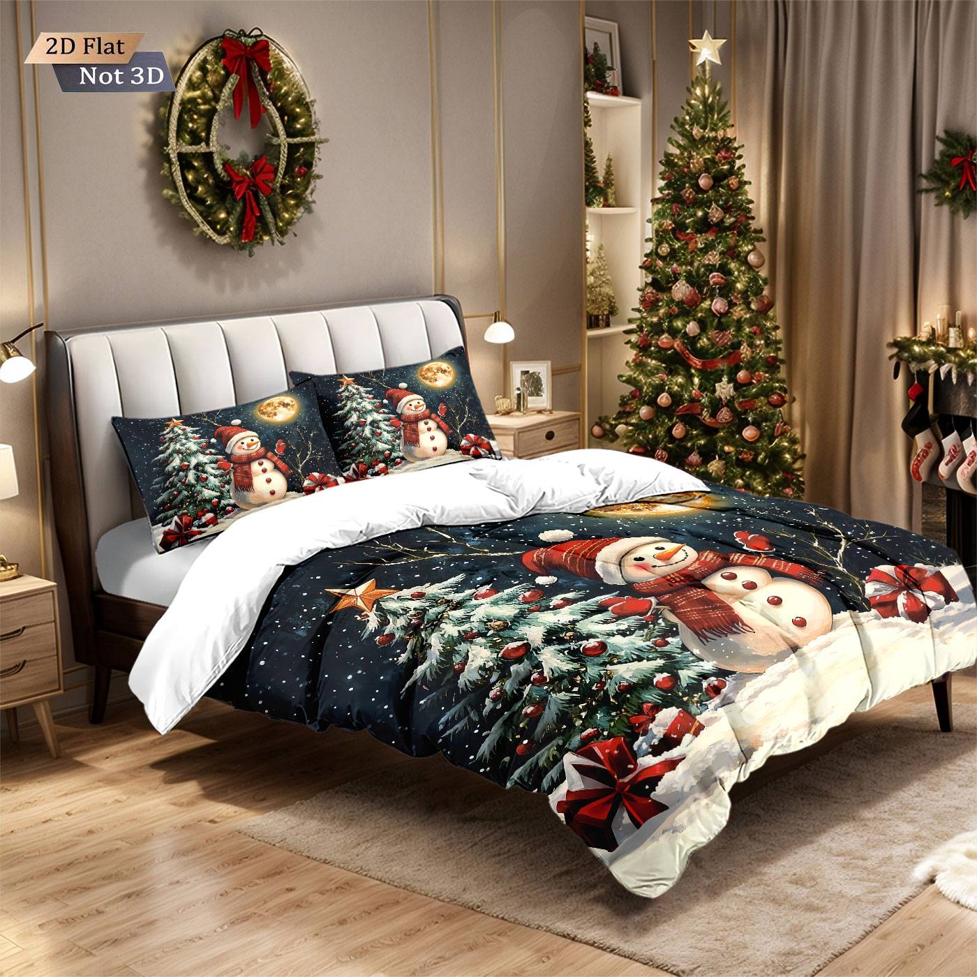3pcs Christmas snowman reindeer red print coreless duvet set multi size bedroom bedding holiday decoration soft machine washable