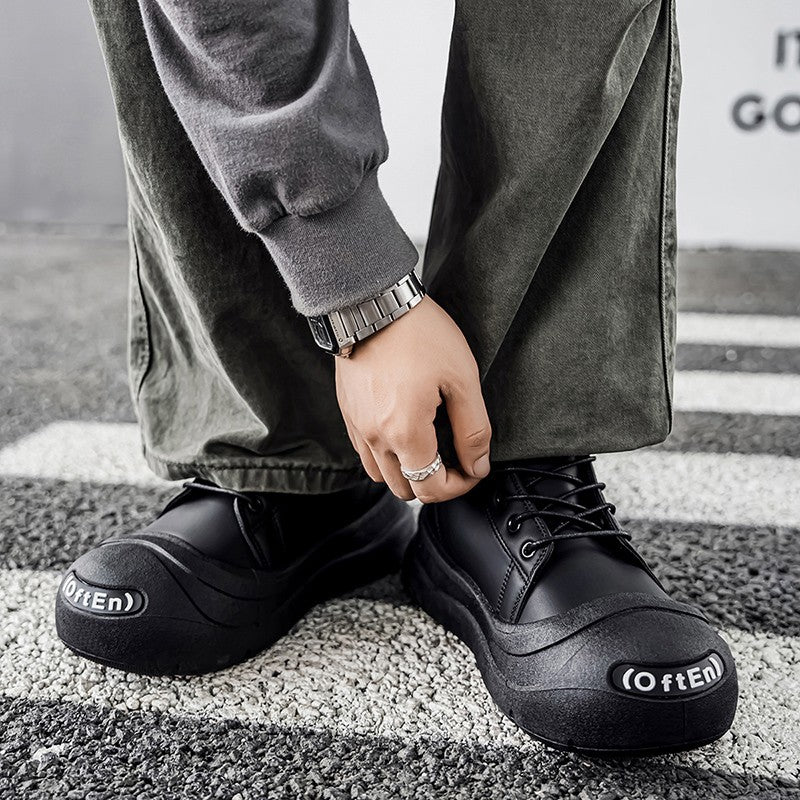 Large-size Autumn High-top Versatile Black Shoes, Men's Outdoor Anti-slip and Wear-resistant Casual Leather Boots