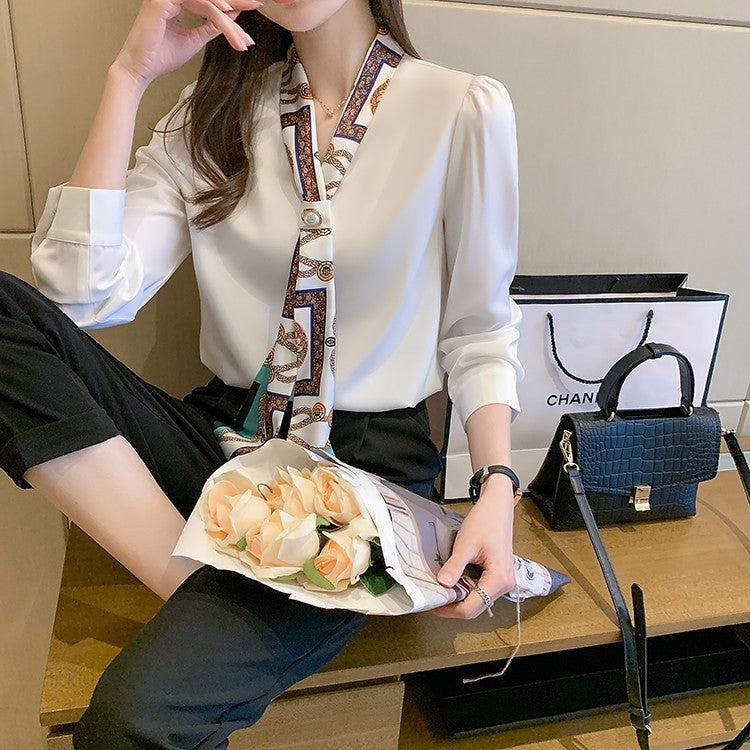 H Han Queen Spring Chiffon Simple Office Lady Blouse Female Shirt Bow Tops Long Sleeve Casual Korean OL Loose Blouses Women