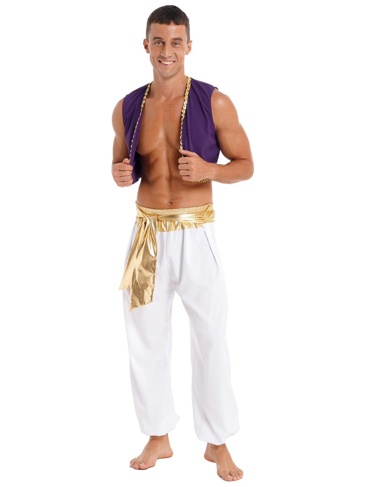 Aladin Costume Men Arabian Prince Cosplay Dress Up Waistcoat Top Harem Pants Suit Halloween Theme Party Carnival Stage Outfits