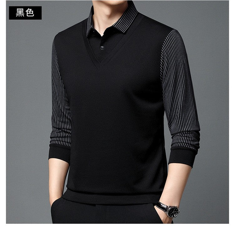Fashion Fake Two-piece Men Long Sleeve Shirt Stripe Splice Lapel Loose Casual Pullover Tops 2025 Male Formal Business Polo Shirt
