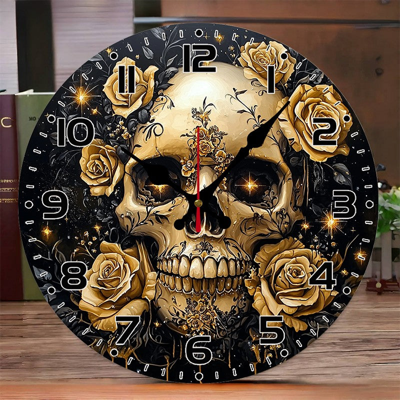 Evil Skull Wooden Round Silent Hanging Wall Clock, Suitable For Living Room, Office, Study Room, Bedroom, Home Decoration