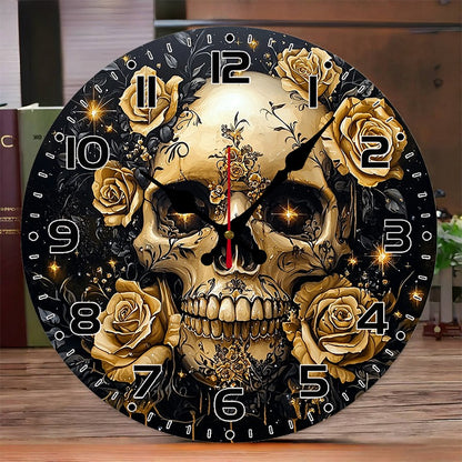 Evil Skull Wooden Round Silent Hanging Wall Clock, Suitable For Living Room, Office, Study Room, Bedroom, Home Decoration