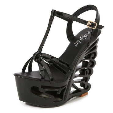 2022 New High Heels Women Pumps Thick Platform Buckle Strap Nightclub Shoes Catwalk Model Show 14.5CM Hollow Out Wedge Sandals