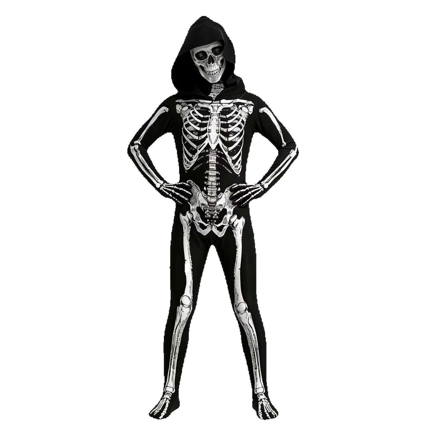 Child Skeleton Horror Hooded Costume Kids Grim Reaper Spooky Skeleton Bodysuit Jumpsuit Scary Halloween Party Role Play Costume