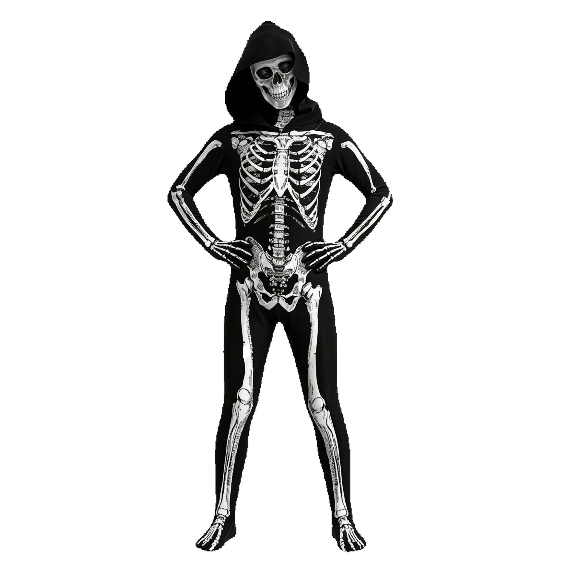 Child Skeleton Horror Hooded Costume Kids Grim Reaper Spooky Skeleton Bodysuit Jumpsuit Scary Halloween Party Role Play Costume
