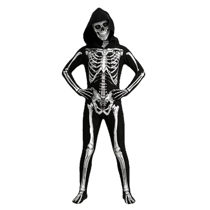 Child Skeleton Horror Hooded Costume Kids Grim Reaper Spooky Skeleton Bodysuit Jumpsuit Scary Halloween Party Role Play Costume