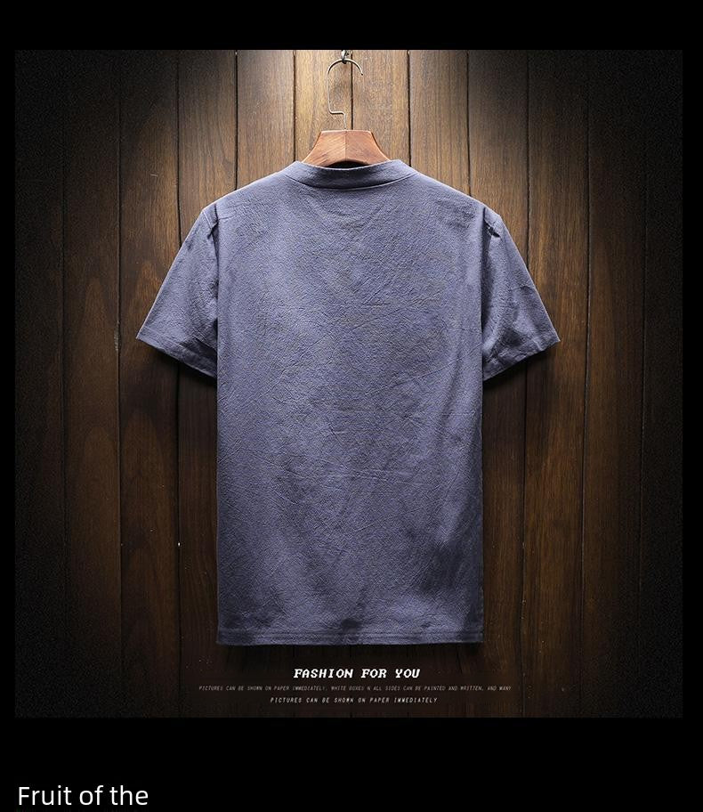 Men's Summer Loose-fit Short Sleeve Linen T-shirt Cotton Linen Body Solid Color Breathable V-neck Thin Top