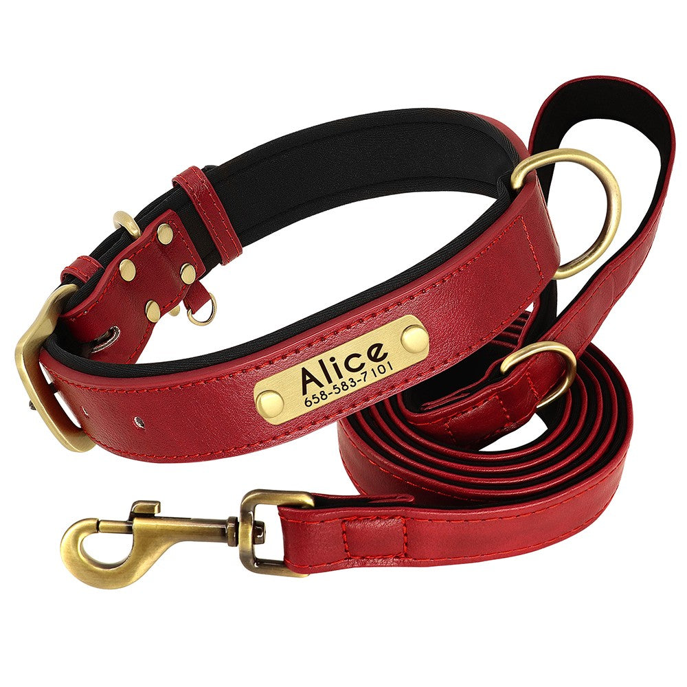 Conjunto Personalizado de Coleira e Guia de Couro para Cães Coleira de Couro Acolchoada Macia para Cães de Pequeno, Médio e Grande Porte com Placa de Identificação Grátis