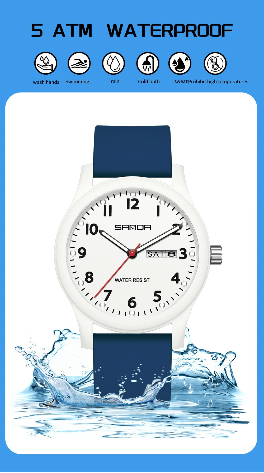 SANDA 3263 Fashion Casual Men Watch Silicone Strap Waterproof Luminous Clock Unisex Wristwatch Date Week Sport Man Watches