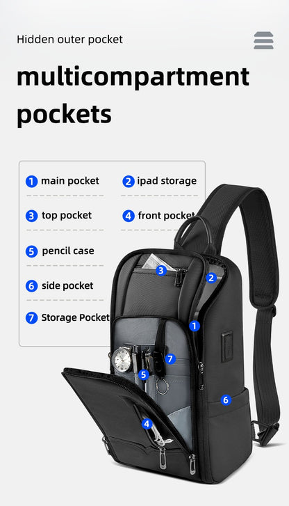 HK Anti-theft Men's Shoulder Bag Waterproof Chest Crossbody Bag with USB Oxford Leisure Satchel Multi-Pockets Sling Bag for Male
