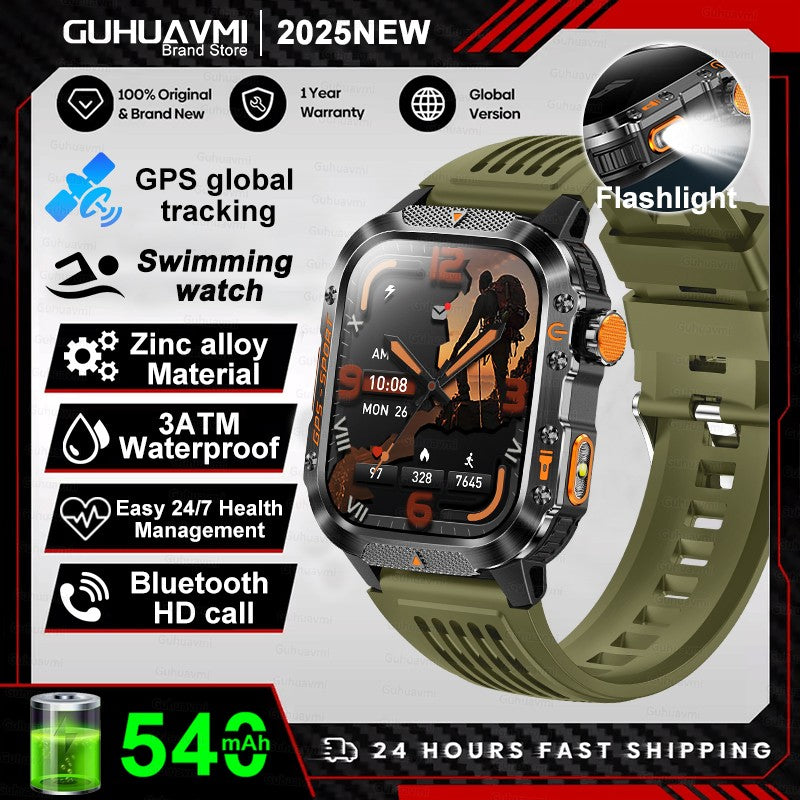 2026 Novas pulseiras inteligentes militares de GPS para ambientes externos, bússola masculina, frequência cardíaca, chamada BT, lanterna LED, Smartwatch à prova d'água 10ATM para natação