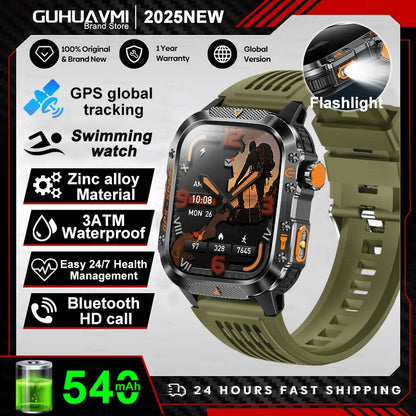 2026 Novas pulseiras inteligentes militares de GPS para ambientes externos, bússola masculina, frequência cardíaca, chamada BT, lanterna LED, Smartwatch à prova d'água 10ATM para natação