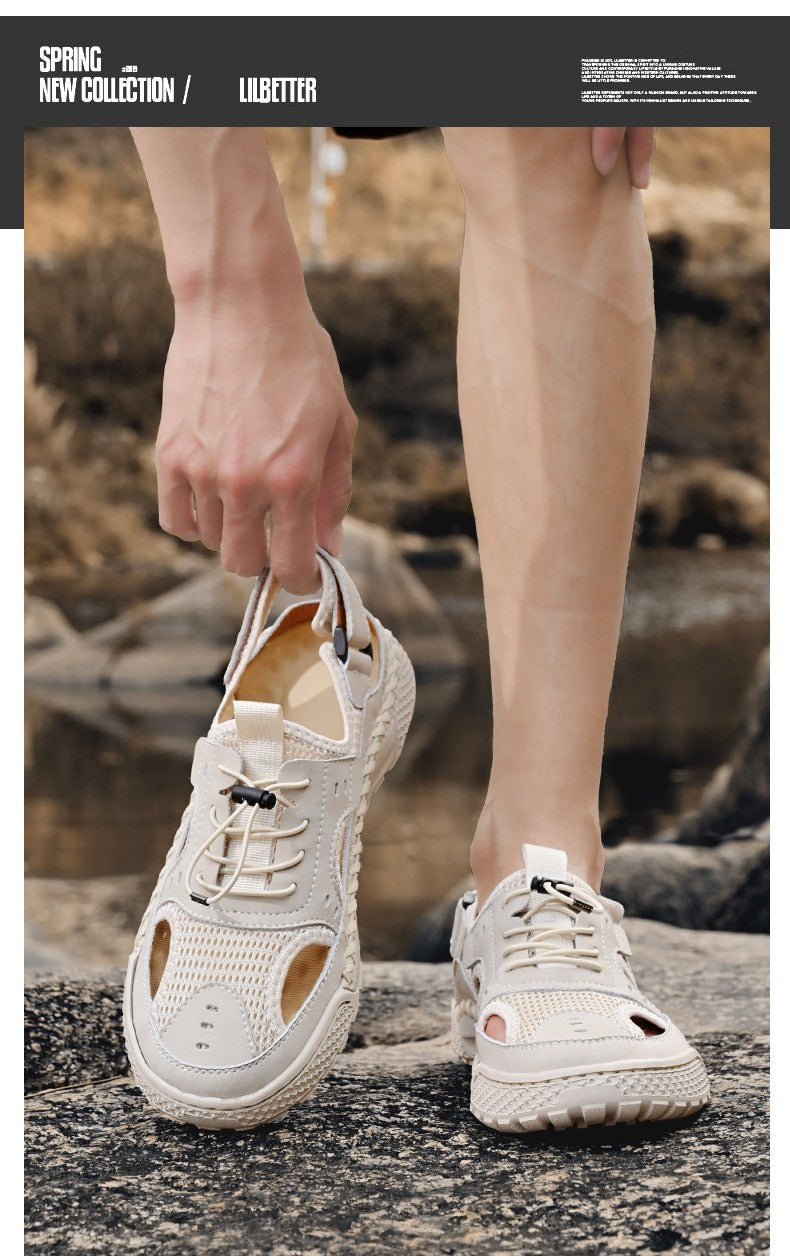 Sandals men's tide summer new style leather toe cap outdoor leisure sports hollow sandals beach shoes Handmade mesh men shoes