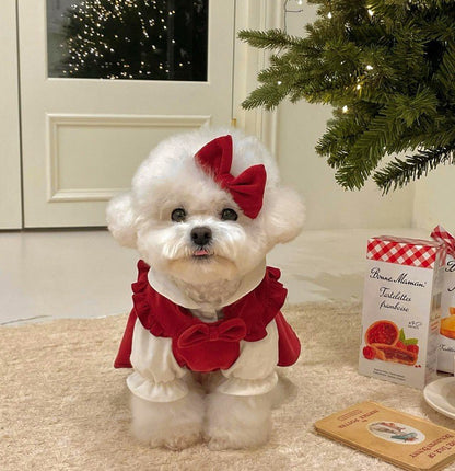 Puppy Bow Knot Dress Set Winter Warm Dog Clothes Pet Christmas Princess Dress Teddy Solid Color Skirt Send Clip