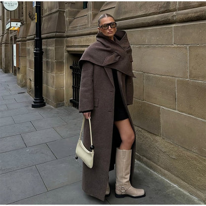 Women Shoulder Pad Wool Long Coats Fashion Lapel Single-breasted Long Sleeve Coat Chic 2025 Autumn Lady Commute Street Outerwear