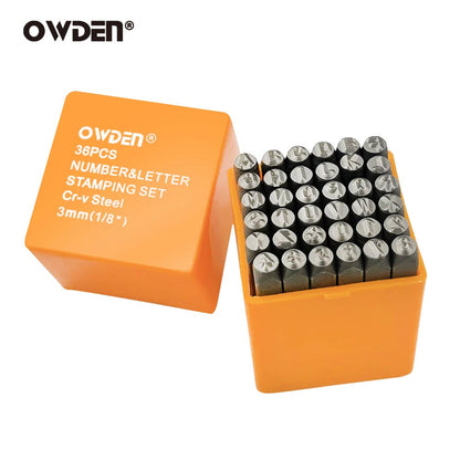 OWDEN Jogo de Carimbos de Metal de Aço 36 Peças 3mm com Números e Letras Ferramentas de Punção Manual para Joias Jogo de Punções de Letras