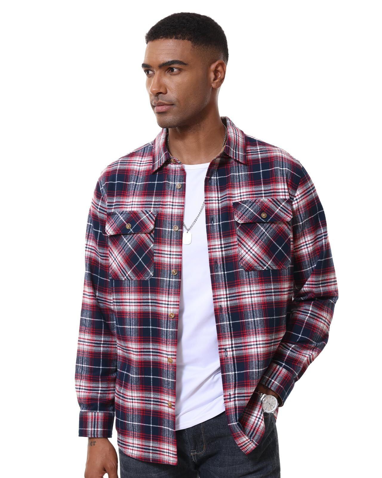 MAGCOMSEN Flannel Shirts Men's Long Sleeves Cotton Long Sleeve Plaid Shirt with 2 Pockets Button Down Casual Corduroy Shirt Male