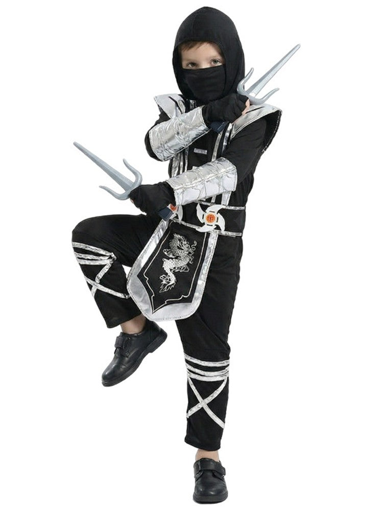 Children's Silver Dragon Ninja Costume Cartoon Masked Warrior Performance Outfit Halloween Anime Roleplay Holiday Party Costume