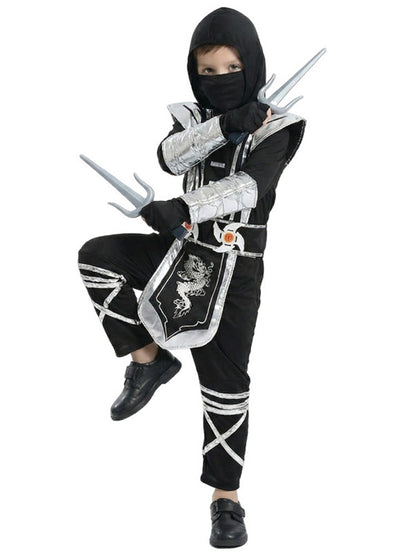 Children's Silver Dragon Ninja Costume Cartoon Masked Warrior Performance Outfit Halloween Anime Roleplay Holiday Party Costume