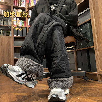 Heavy Winter Cotton Waterproof Splicing Lamb Fleece Cotton Pants for Men and Women, Solid Color Diamond Grid Embroidered Clip Co