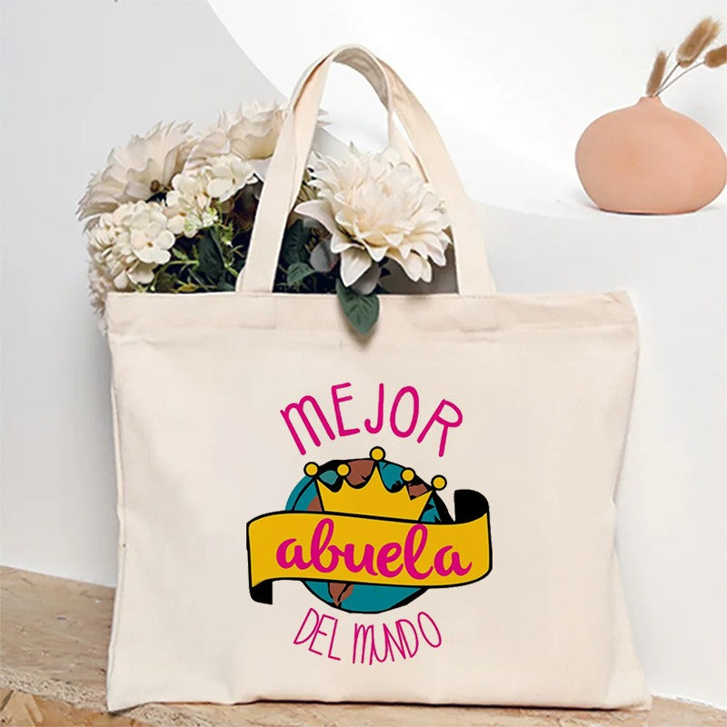 Spanish Abuela Quote Tote Bag Vibrant Shoulder Handbag with Heart Ribbon Design Perfect for Mother’s Day & Grandma Appreciation