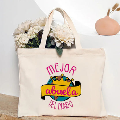 Spanish Abuela Quote Tote Bag Vibrant Shoulder Handbag with Heart Ribbon Design Perfect for Mother’s Day & Grandma Appreciation