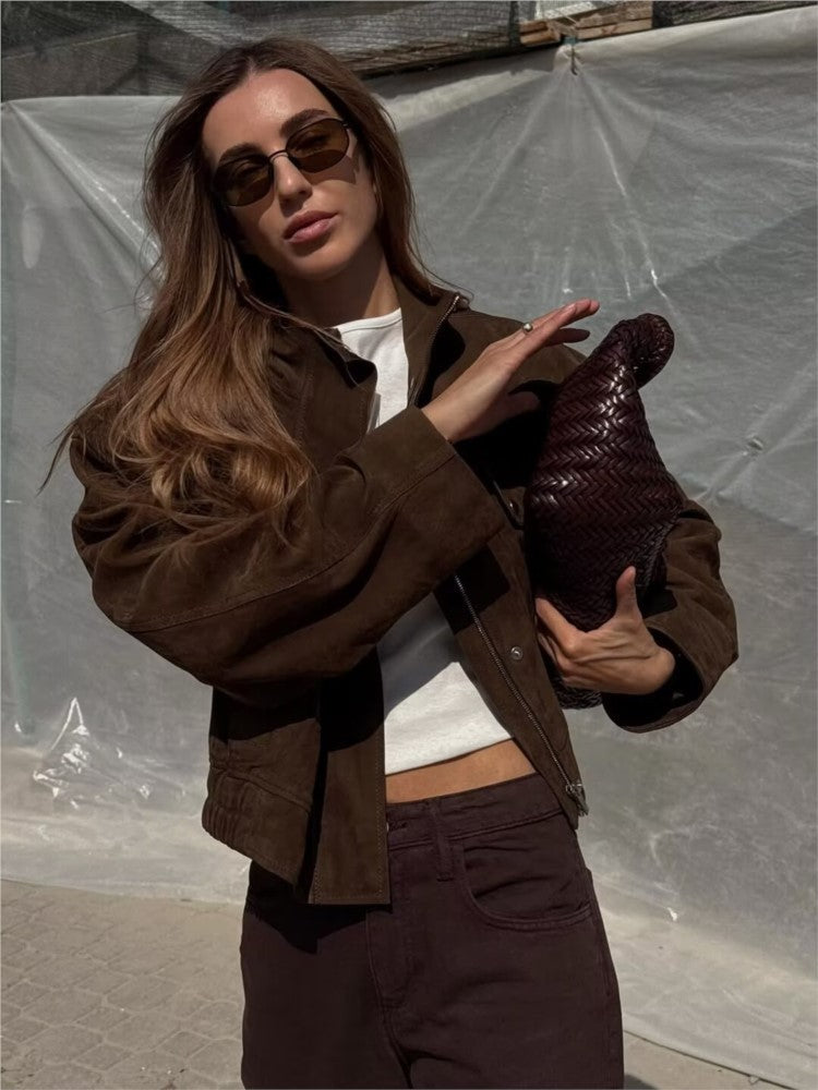 NERHEFZ Women Autumn Jacket with Pockets High Collar Long Sleeve Button Suede Leather Women's Jacket Lady Coats Female Chic Tops